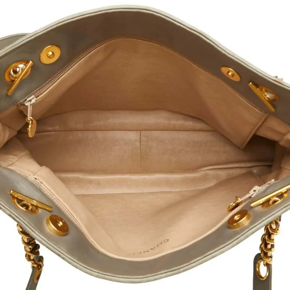 CHANEL Gray Leather Logo Tote Bag
